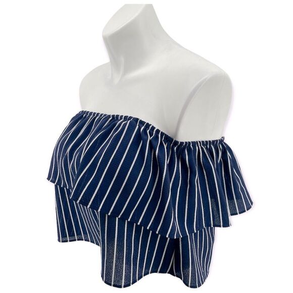 Forever 21 Women’s Navy Blue Striped Off The Shoulder Flowy Crop Top Small - Picture 8 of 12